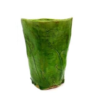 Vtg Art Pottery Lime Green Vine Pattern 10.5" Heavy Stoneware Vase Signed CM